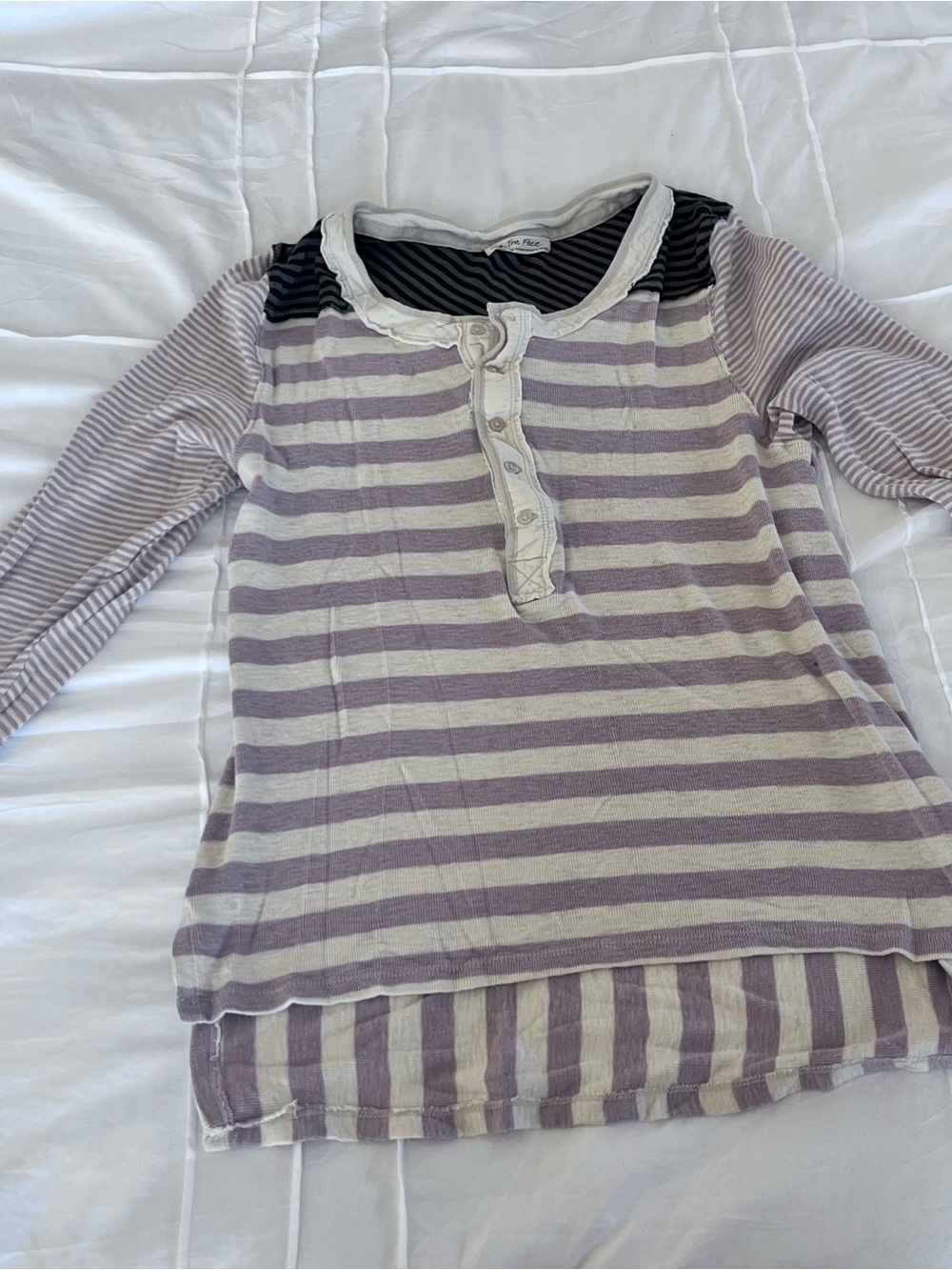 We The Free Lavender & Cream Striped Henley Long Sleeve Top